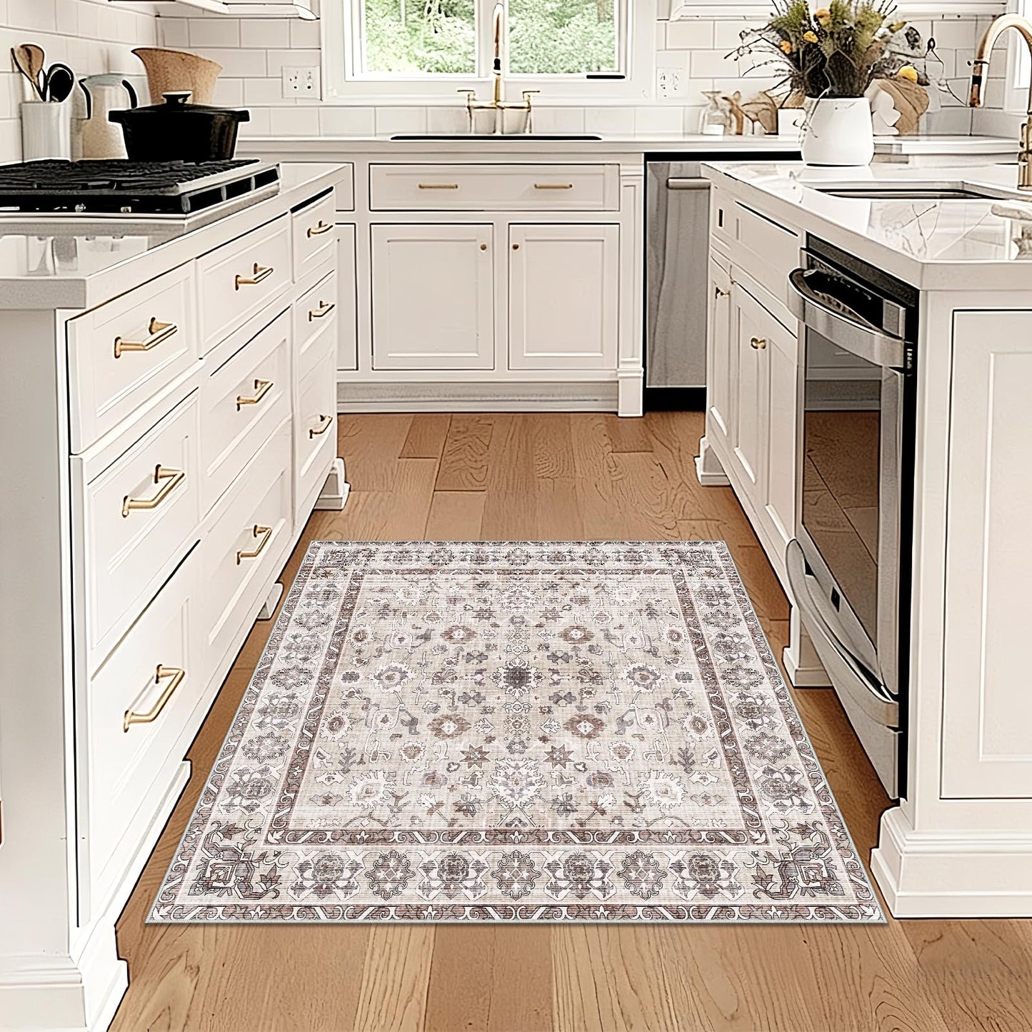 Washable 3x3 Square Rug for Entry Bathroom Kitchen Bedroom Carpet - Non Slip Stain Resistant Low Pile Soft Door mat - Protect Hardwood and Laminate Flooring Floral Farmhouse Decor 3x3 Beige