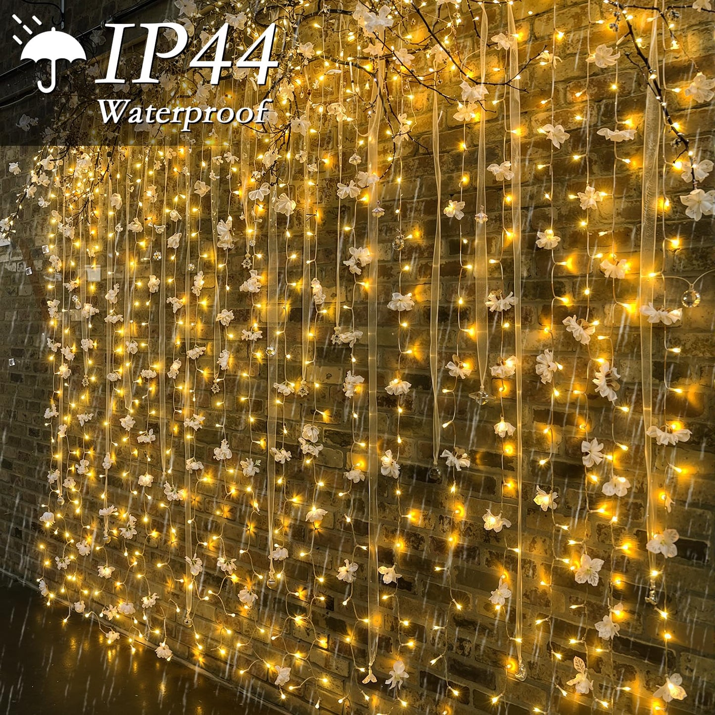 Soagrc 300 LED Warm White Curtain String Lights 9.8x9.8FT, Plug in Fairy Lights with 9 Hooks, Dimmable, Timer & 8 Modes, IP44 Waterproof, Bedroom Wall Wedding Backdrop Christmas Indoor Outdoor Decor
