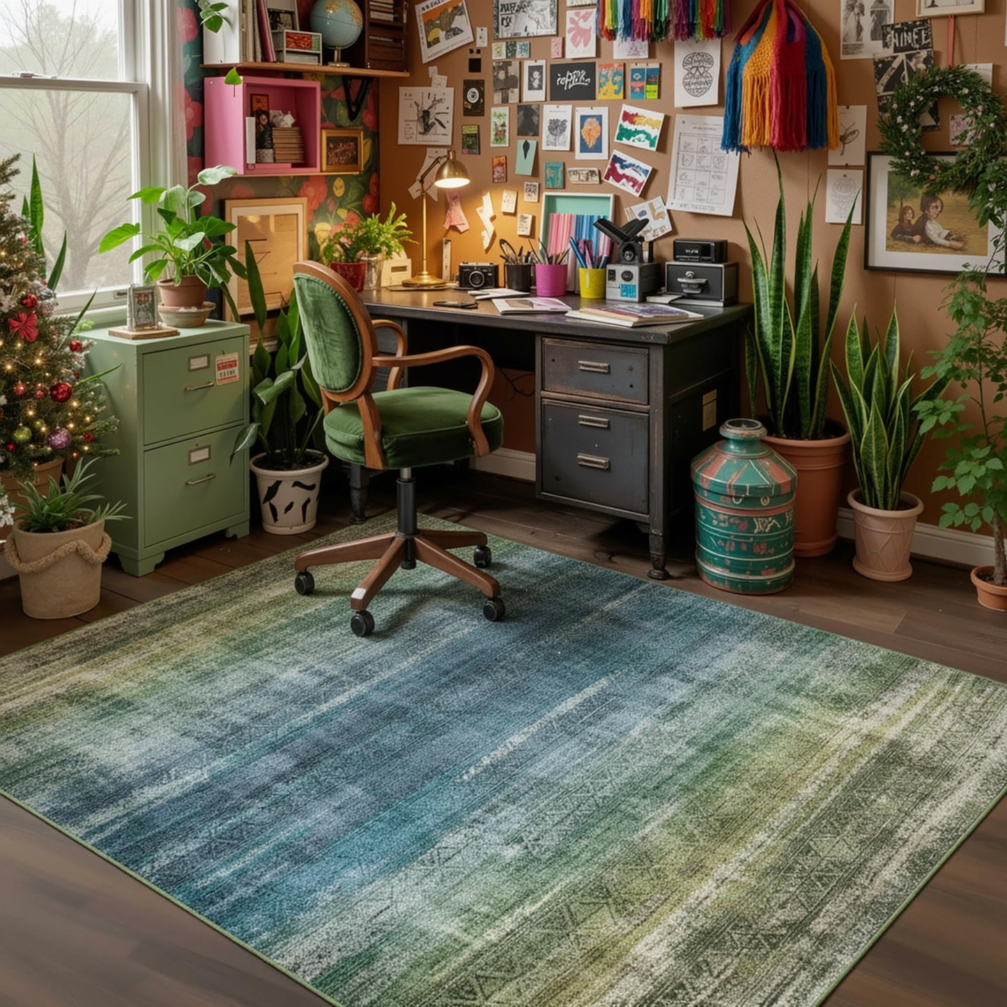 Kokia Abstract Teal Area Rugs 6x9 Boho Washable Distressed Retro Indoor Floor Rug Multicolor Low Pile Non-Slip Non-Shedding Carpet Bedroom Living Room Dining Room, Blue and Green