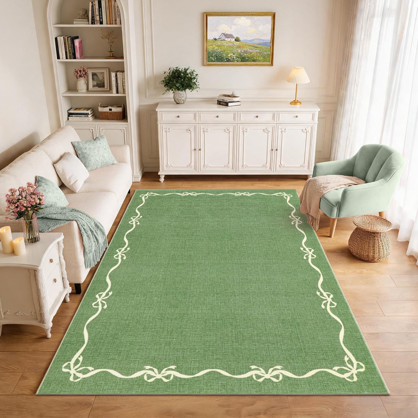 Garvee Solid Green Rug for Bedroom Girls, 4x6 Bow Area Rugs for Living Room with Soft Low Pile, Non Slip Coquette Washable Rug 4x6 for Nursery Kids Playroom Dining Room College Dorm Carpet
