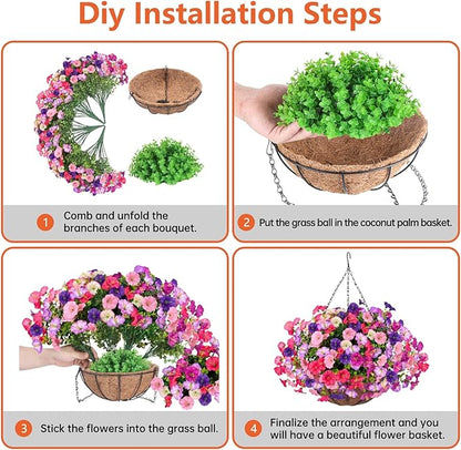 Florielle Artificial Hanging Faux Flowers Basket, Fake Silk Petunias Plants Arrangement,for Spring Summer Outdoor Decoration,UV Resistant, Morning Glorias,for Home Garden Decor (PinkPurple)