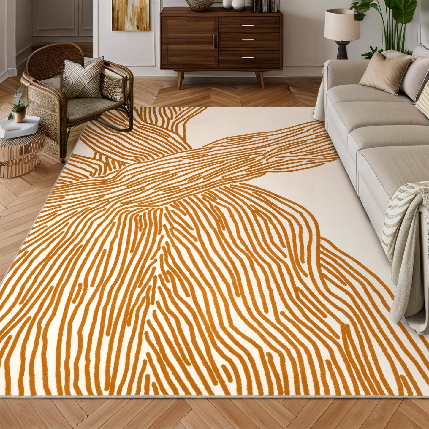 YIHOUSE Orange Rug for Living Room, 5×7 Modern Abstract Area Rug, Geometric Contemporary Wave Striped Rugs for Playroom Nursery, Washable Nonslip Large Rug for Bedroom Dining Room