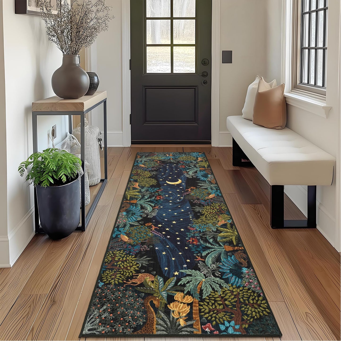 GarveeHome 2.5x8 Jungle Hallway Runner Rug, Soft Green Animal Long Kitchen Runner Non Slip Entryway Rug Farmhouse Thin Laundry Mat Stain Resistant Carpet for Bathroom Beside