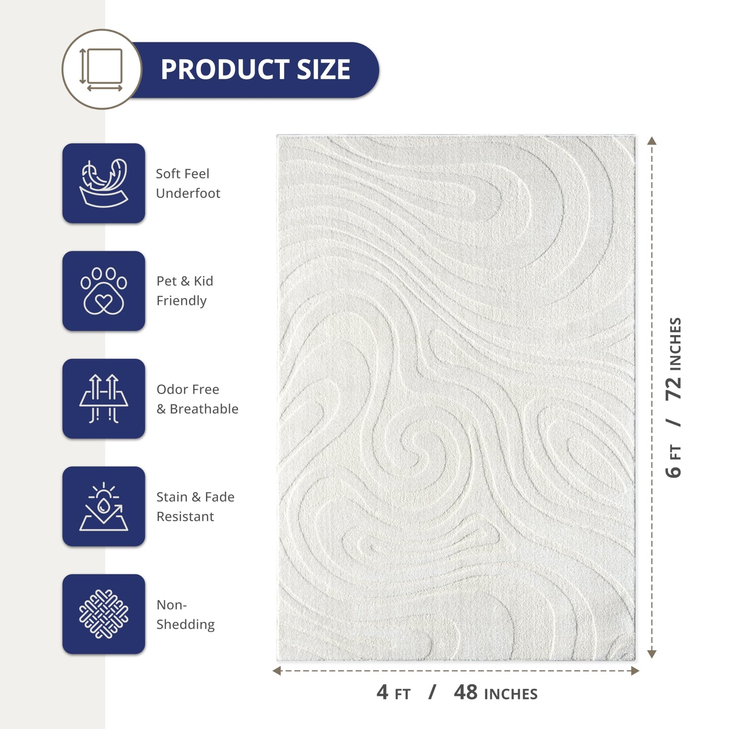 Abani Cozy Cream Area Rug for Living Room, Bedroom - Swirl Waves Pattern - 4' x 6' - Durable & Easy to Clean