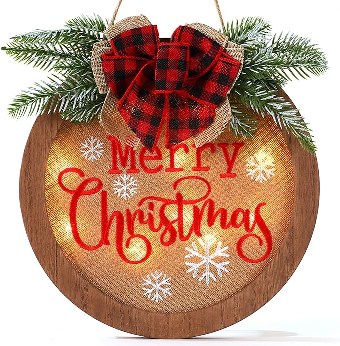 HOMCDALY Christmas Welcome Sign for Front Door, Winter Merry Christmas Wreath, Farmhouse Door Decoration Wooden Hanging Sign, Christmas Decoration (F-Xmas)