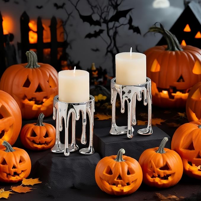 Decorative Candle Holders Set of 2 – Melting Drip Candle Stand for Pillar Candles – Sculptural Fireplace Decor, Gothic Table Centerpiece, Unique Home Accent(Silver, Set of 2)