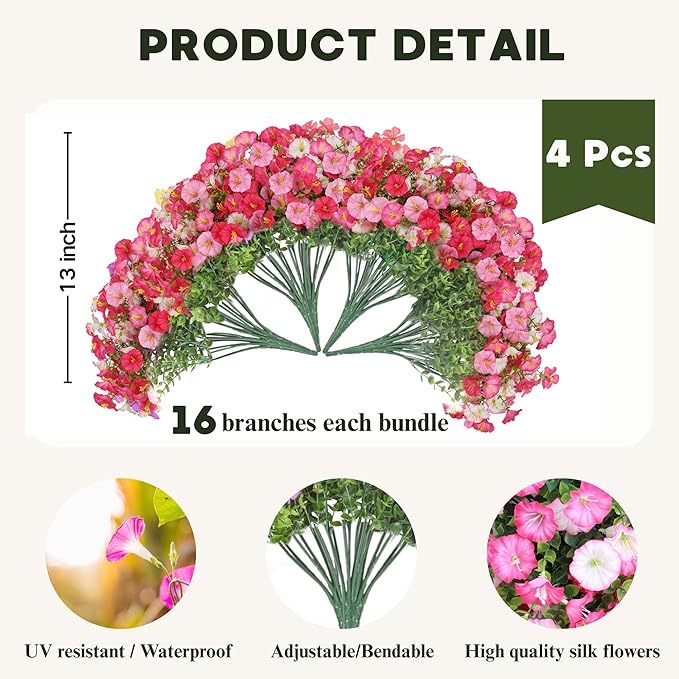 Artificial Flowers for Outdoor, Fake Flowers Faux Plants for Outside Indoor, 4PCS Summer Decor, Morning Glory Petunia UV Resistant, for Garden Porch Window Box Home Planters (Dark Pink&White Bulk)