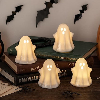 4PCS Halloween Ceramic Ghosts Light Up LED White Spooky Ghosts Figurines Scary Statue Sculpture Halloween Decor Gift for Fall Props Desk Tabletop Centerpieces Home Indoor Decorations