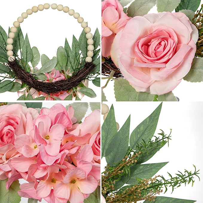 Spring Wreaths for Front Door 10" Artificial Floral Wood Bead Wreaths Eucalyptus Leaves Rose Hydrangea Wreaths for Front Door Boho Farmhouse Wall Decor 2 Pack - Pink