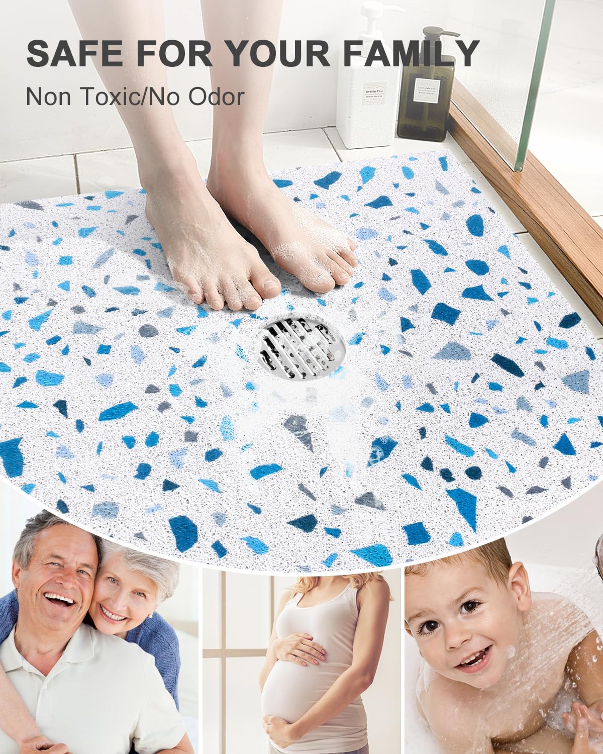 Non Slip Shower Mat with Drain Holes in Middle: 27×27Inch Super Soft Loofah Shower Mats for Inside Shower, Shower Stall Mats Floor Mats for Home,Hotel,Spa,Gym