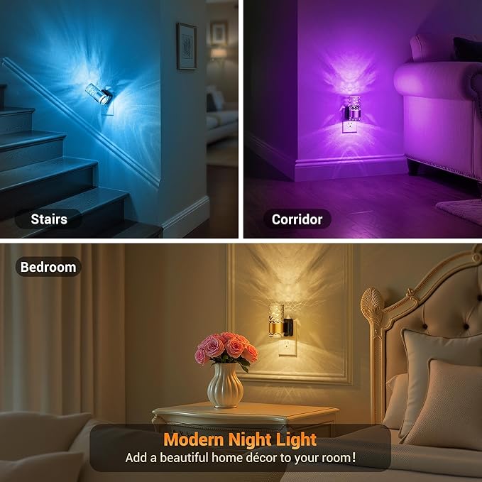 JandCase Night Lights Plug into Wall, Color Changing Night Light for Kids, 3000K+RGB 10-Color LED Nightlight with Light Sensor, 10/50/100LM Adjustable Brightness for Rooms Home Decor
