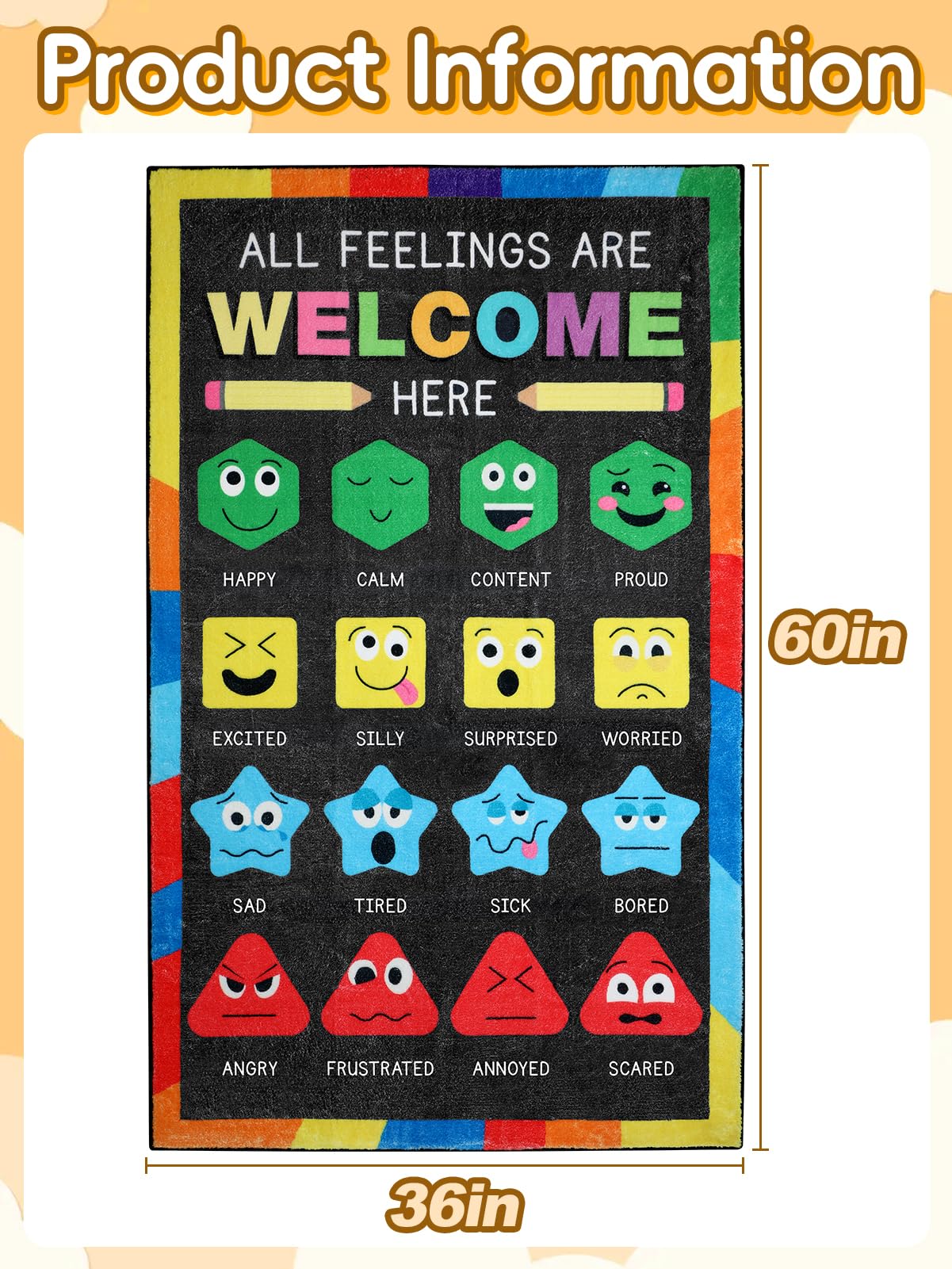 Beeplove 36''x60'' Calm Down Corner Supplies Classroom Rug - Non-Slip Backing with 8 Grippers, Feelings Chart Kids Reading Rug for Preschool Nursery Back to School Classroom Decor, Raibow & Black