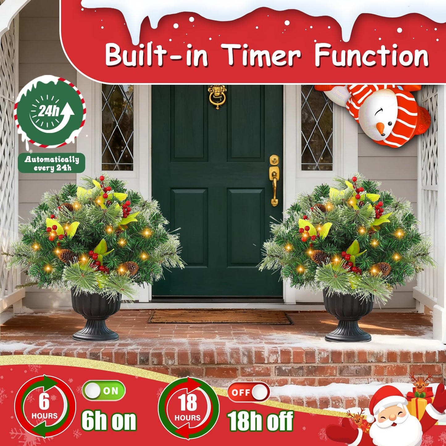JOYHALO 2 Pack Set 18 Inch Christmas Urn Filler with 60 Warm White Lights, Battery Box with Timer, Xmas Pot Fillers with Branches Berries Pinecones, Outdoor Xmas Trees for Porch Pathway Yard Decor