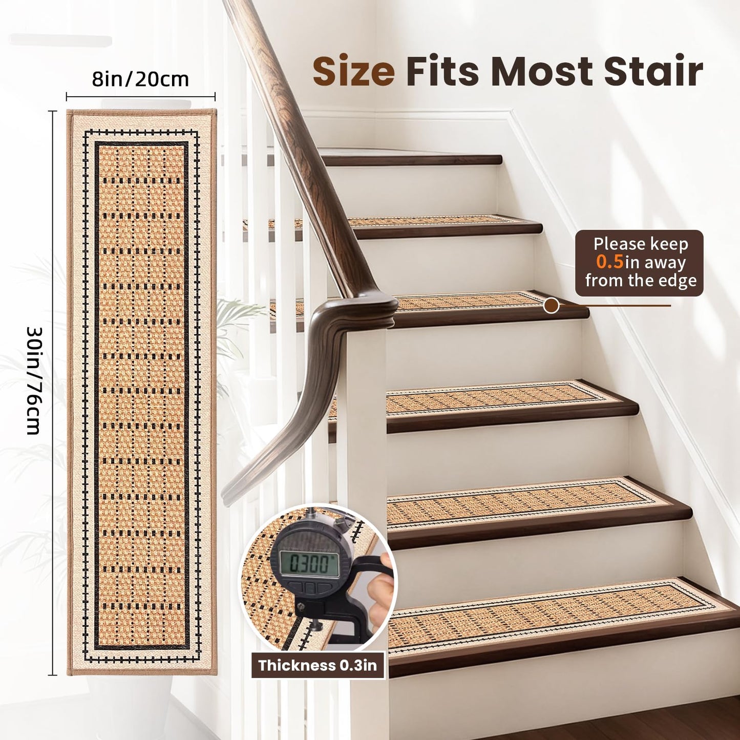 Mollydot Stair Treads Non Slip 15PCS - 8"x30" Indoor Stair Runners for Wooden Steps, Soft Carpet Stair Treads, Edging Stair Rugs, Peel and Stick Stair Treads Washable Reusable Self-Adhesive (Beige)