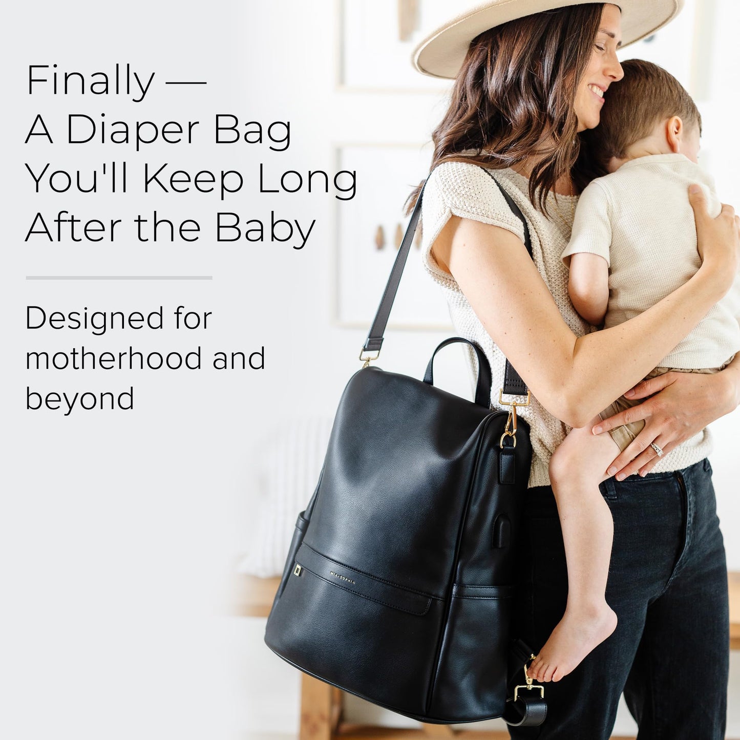 MIA + SOPHIA Leather Diaper Bag Backpack with USB Charging port, Changing Pad, Stroller Straps (Black Mia)
