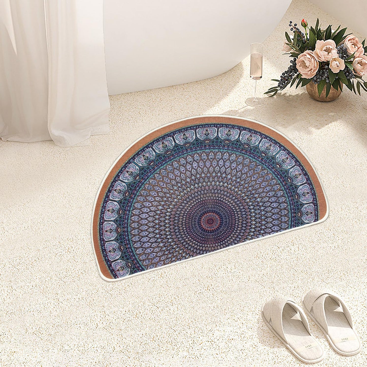 Semi Round Boho Sun and Moon Bathmat Fun Bath Mat Non Slip Washable Bathroom Decor Half Circle Bohemian Home Floor Doormat Semicircle Indoor Rug (Boho Lotus, No Fluff)