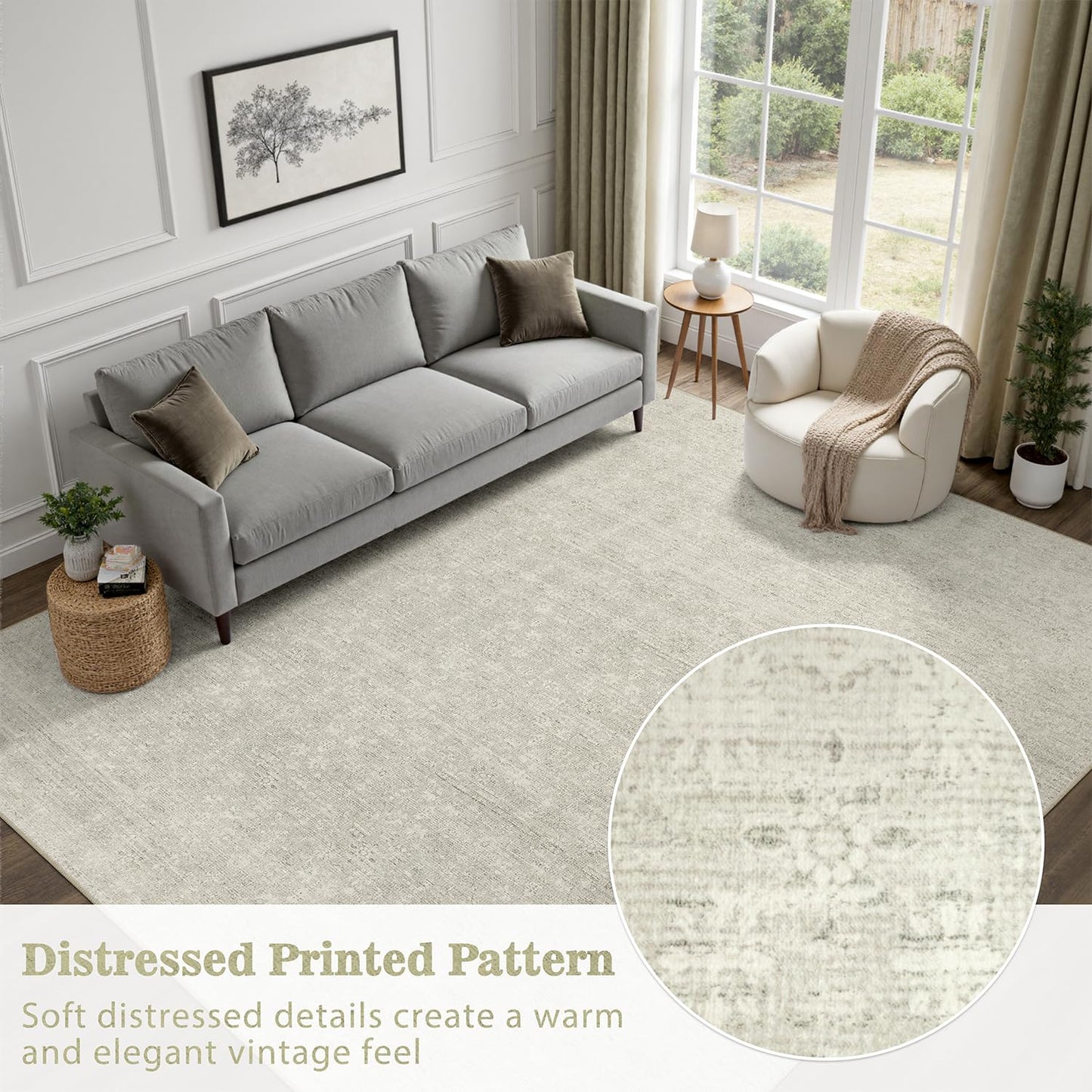 DCX 5x7 Beige Rug, Kid & Pet Friendly with Rubber Back Non Slip, Machine Washable Stain Resistant Neutral Floral Rug for Living Room, Bedroom, Home Office, Soft Low Pile Large Nursery Carpet