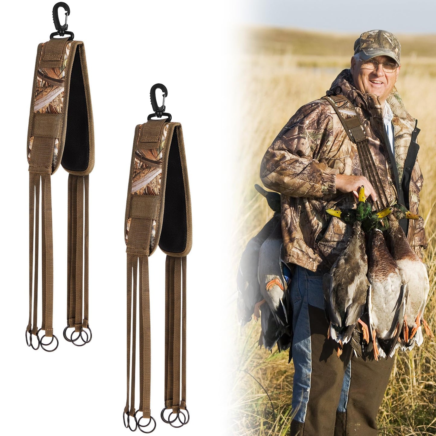 Datanly 4/2Pcs Duck Strap Game Carrier Duck Hunting Gear Camo Lanyard 12/8 Drops Waterfowl & Goose Hunting Accessories, Bird Call Lanyard Dove Strap Hanger, Outdoor Gear Hunter Gift(2 Pcs,8 Drops)