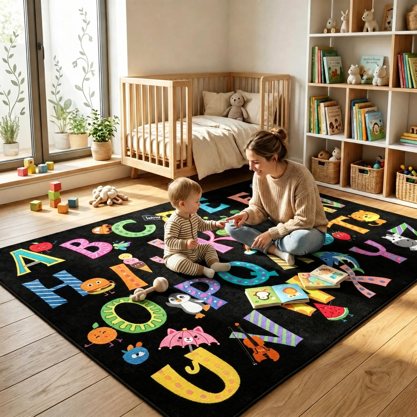 ABC Alphabet Rug, Classroom Playmat Rugs - 5x7 Ft Kids Carpet with Rubber Backing, Colorful Cartoon Letters Kids Play Mat Nursery Rugs for Bedroom Playroom - Black