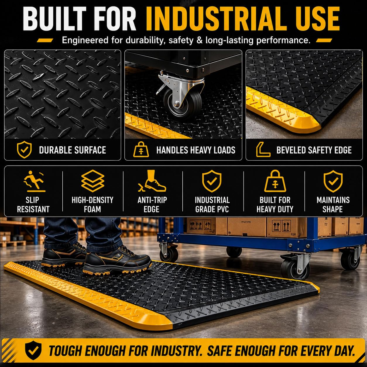 2' x 3' ESD Anti-Fatigue Conductive Mat, Durable Heavy Duty Diamond Plate, Non Slip Waterproof Floor Mats for Commercial&Industrial Work, Thick 3/4” with Yellow Border