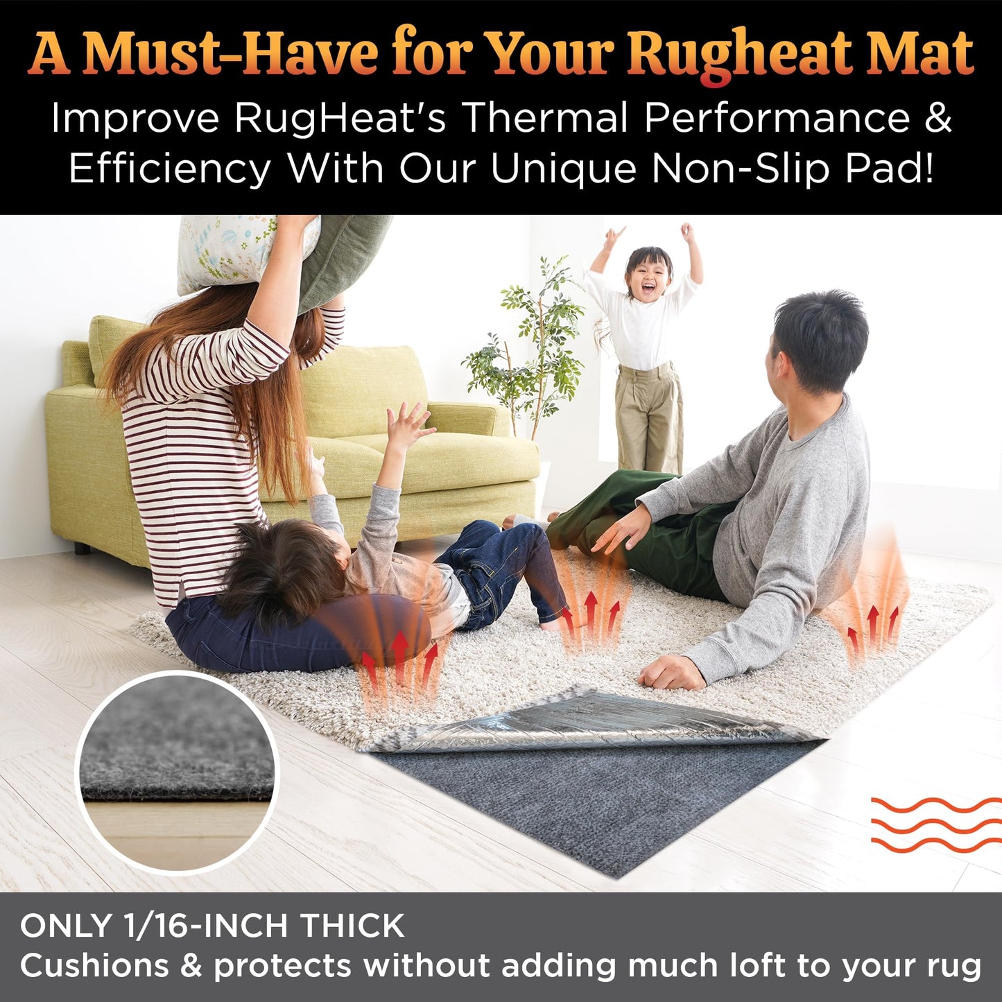 Non-Slip Pad for Rugheat Under Rug Heated Mat, Medium, 3 x 5 feet (fits Under a 3' x 5' Rug) Skid-Proof Pad for Heated Floor Mat Under Desk, Thermal Insulation Improves RugHeat Performance