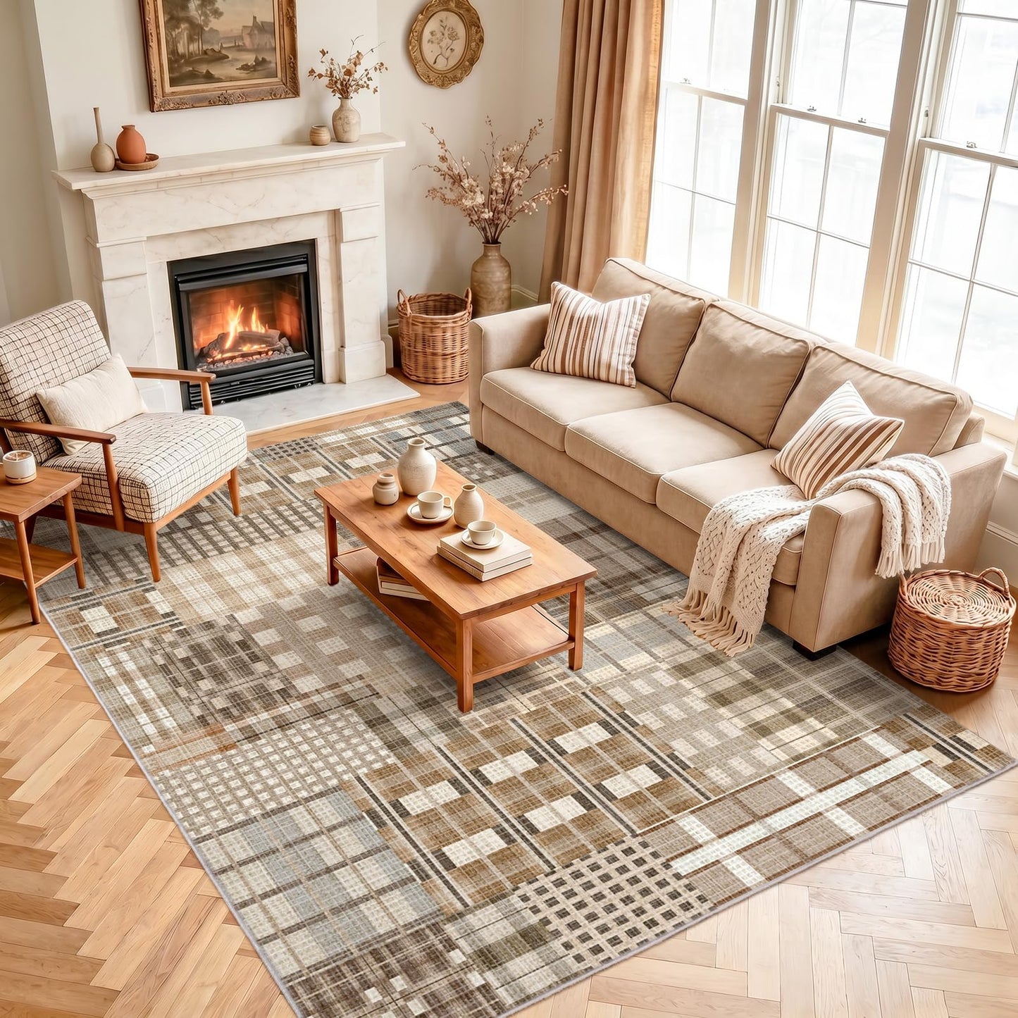 Rezutan Washable Rug 4x6 Plaid Rugs for Bedroom Non-Slip Neutral Floor Mat Indoor Soft Carpet Low Pile Foldable Thin Rugs for Living Room Dining Nursery Office, Caramel Beige Brown Gray