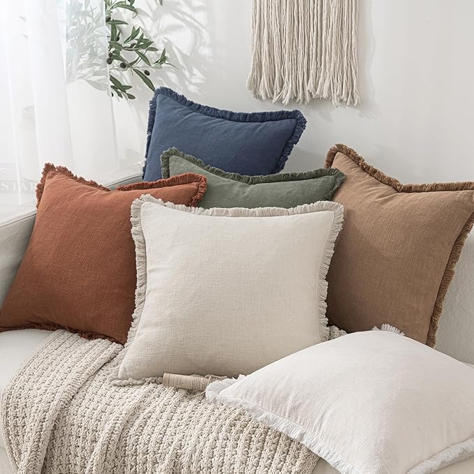 MIULEE Decorative Throw Pillow Covers Neutral Linen Fringe Throw Pillows Set of 2 Brick Boho Farmhouse Cushion Covers with Tassels for Couch Sofa Bed Living Room Spring Home Decor 16x16 Inch