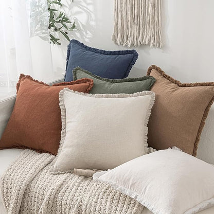 MIULEE Christmas Decorative Throw Pillow Covers Neutral Linen Fringe Throw Pillows Set of 2 Indigo Blue Boho Farmhouse Cushion Covers Coastal Decor for Couch Sofa Bed Living Room Decor 20x20 Inch