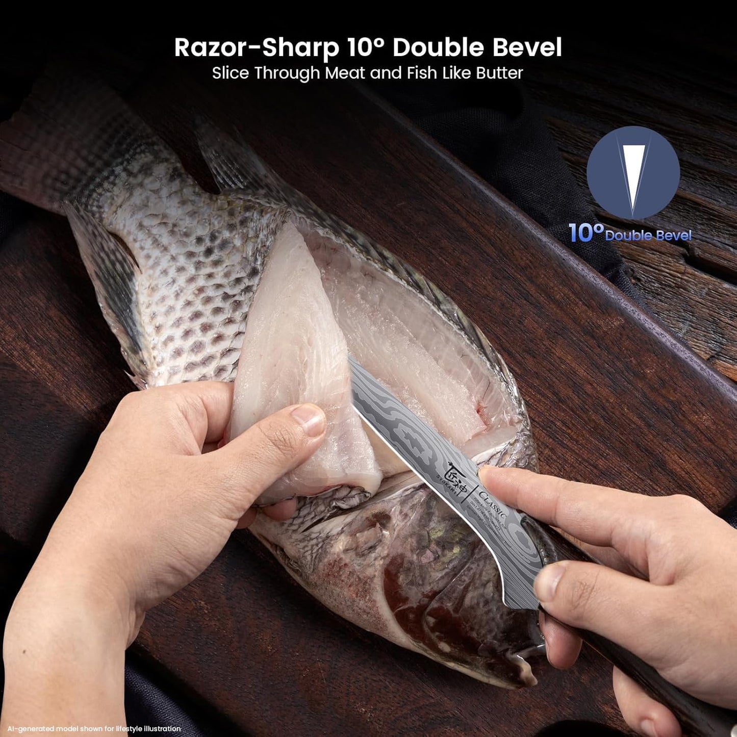 SYOKAMI Fillet Knife, Razor Sharp 7.2 Inch Boning Knife, High Carbon Stainless Steel Filet Knives with High Flexibility, Wooden Handle, Full Tang Damascus Pattern Fishing Knives, Ideal Gift