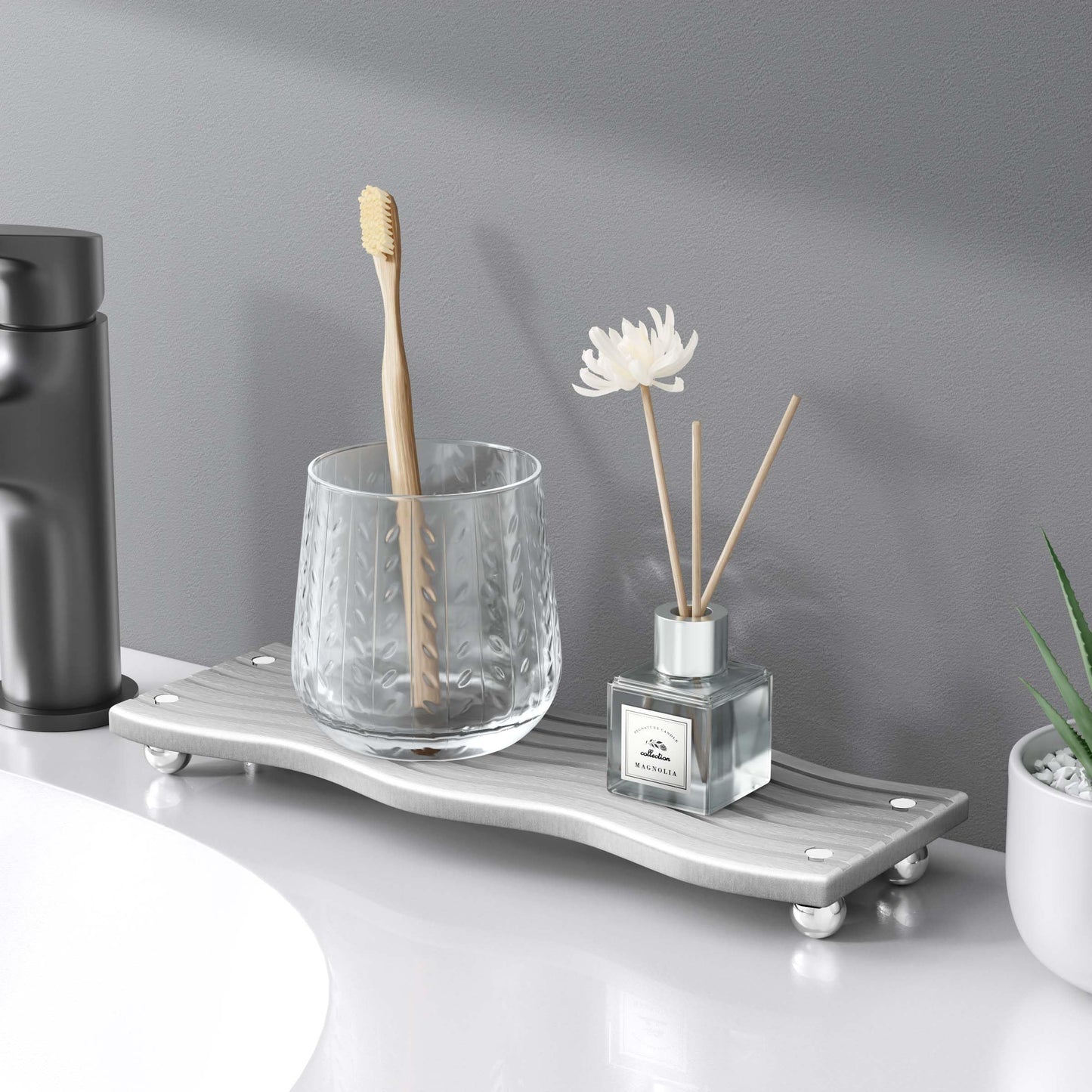 Water Absorbing Stone Tray for Sink, Diatomite Drying Stone for Kitchen Bathroom Counter, Decorative Raised-Feet Vanity Tray, Sink Caddy Organizer for Dish Soap & Sponge Holder [Grey, 12'' x 4'']