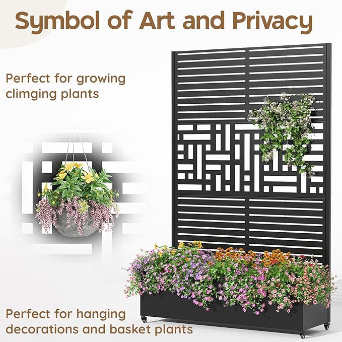 Metal Raised Garden Bed with Trellis & Wheels,72" x 47"x 15.7" Planter Box with Trellis,Privacy Planters for Patio,Garden Bed for Climbing Plants,Suitable for Climbing Plants and Vegetables,Black