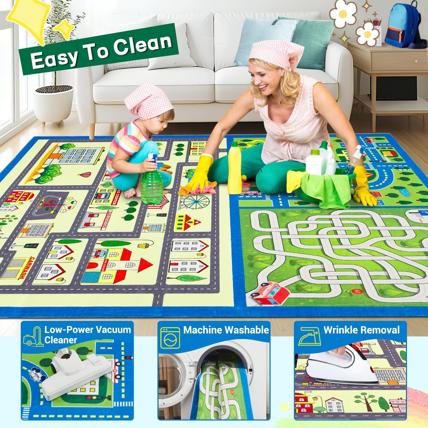 COZYLOOM City Life Car Road Kids Play Mat 4x6 Non Slip Washable Traffic Road Playroom Rug, City Map Race Track Carpet, Ultra-Soft Foldable Interactive Learning Rug for Kids Room Bedroom Nursery
