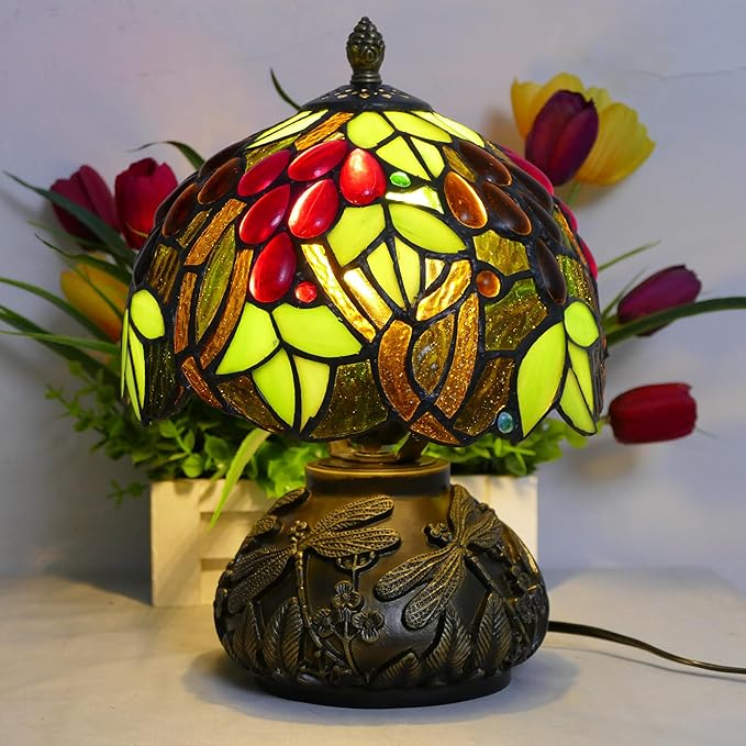 Small Tiffany Table Lamp Stained Glass Nightstand Lamps Bedside Purple Grape Desk Light for Office Bar Retro Bedroom Living Room,7.87 inch