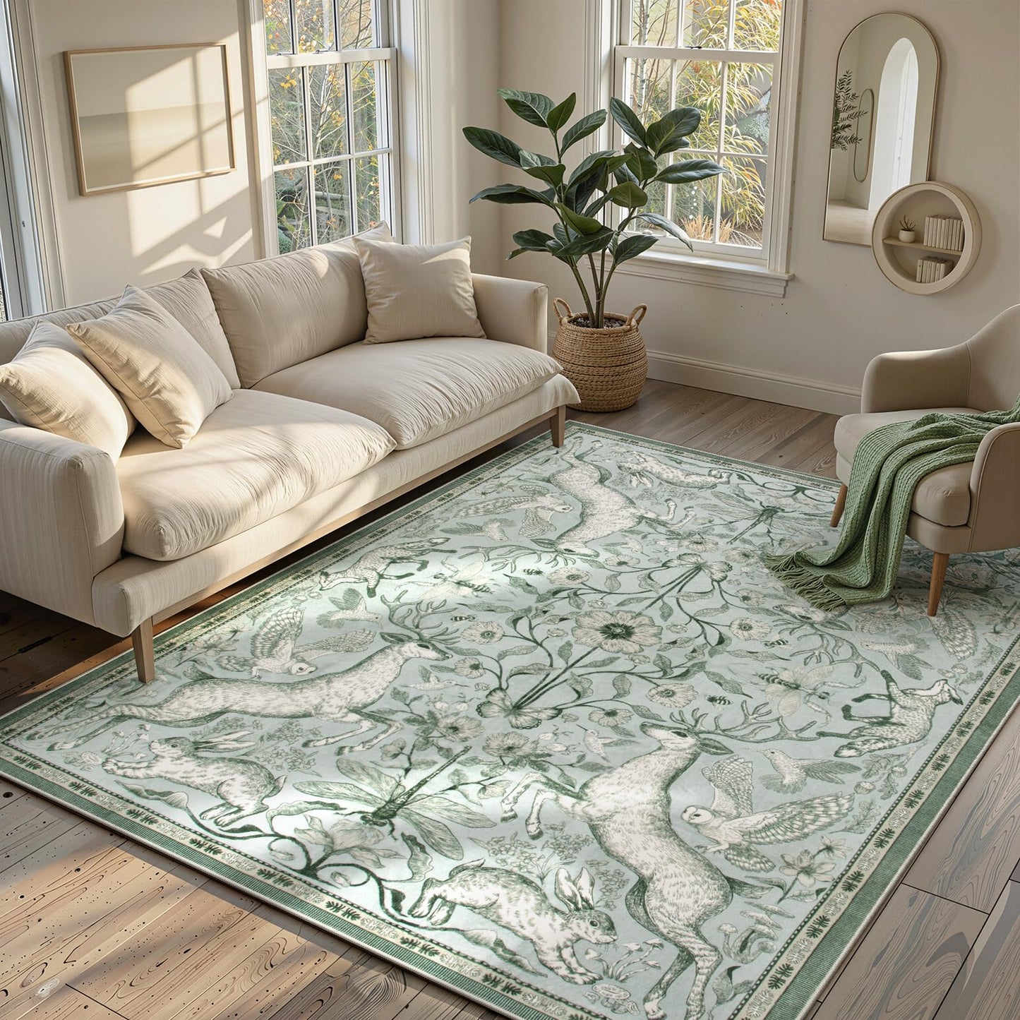Lahome 5x7 Washable Deer Rug, Dorval Boho Woodland Botanical Area Rug, Non Slip Low Pile Soft Light Green Carpet for Living Room Bedroom Nursery Dining Room Home Office Decor