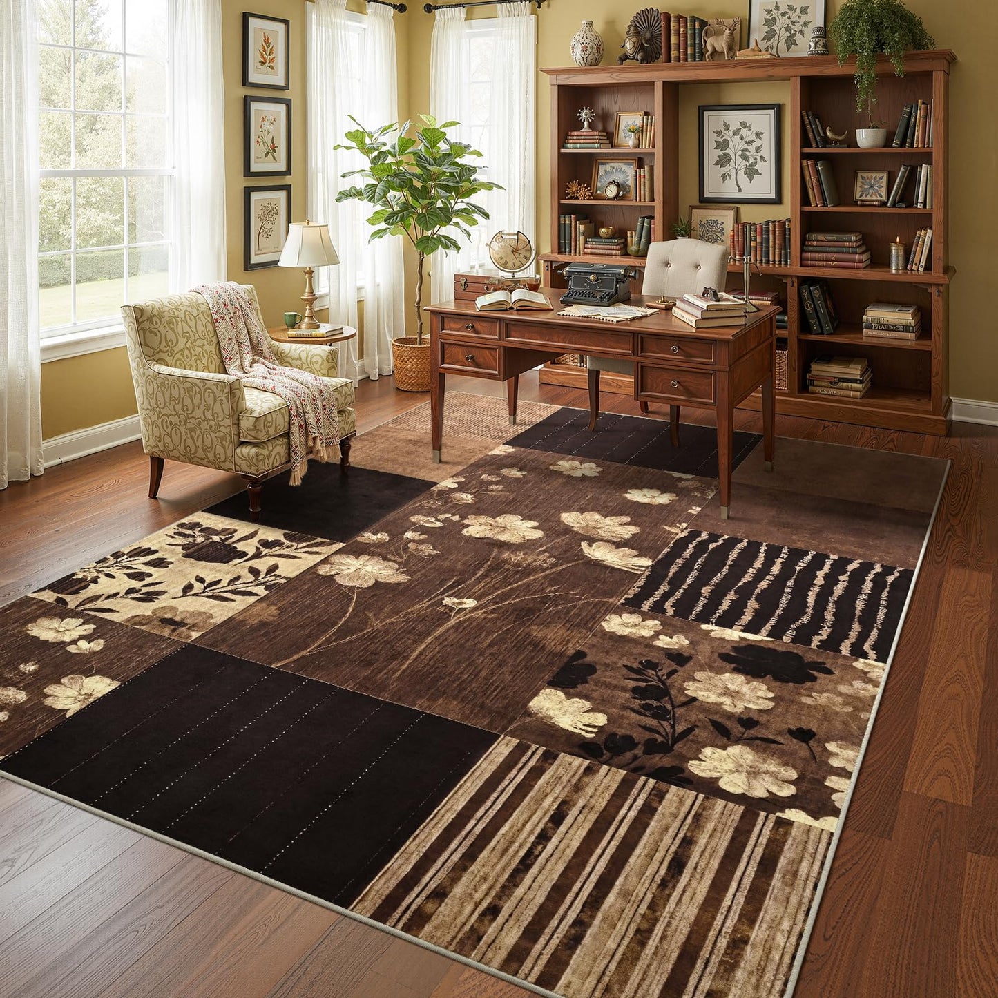 DweIke Area Rugs 4'x6' Washable Dark Brown Rug for Living Room, Non-Slip Modern Geometric Patchwork Stain Resistant Indoor Throw Carpet for Bedroom Dining Room Farmhouse Office Decor