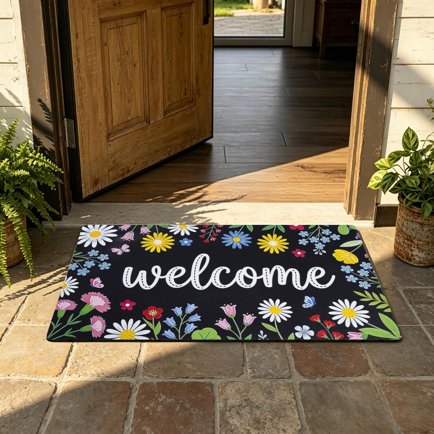 iouwy Spring Summer Welcome Door Mat 17×29 Inch, Low Profile Front Door Mat for Outside Inside Entrance, Non Slip Rubber Back for Indoor and Outdoor Entrance, Floral