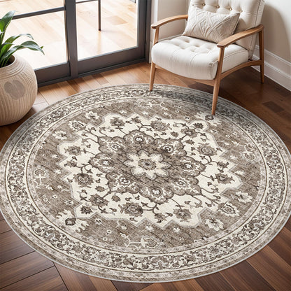 TOPRUUG Washable Oriental Area Rug - 6ft Round Rugs for Living Room Soft Carpet for Bedroom Waterproof Floral Distressed Indoor Stain Resistant Non-Shedding Floor Carpets (Beige, 6ft-Round)