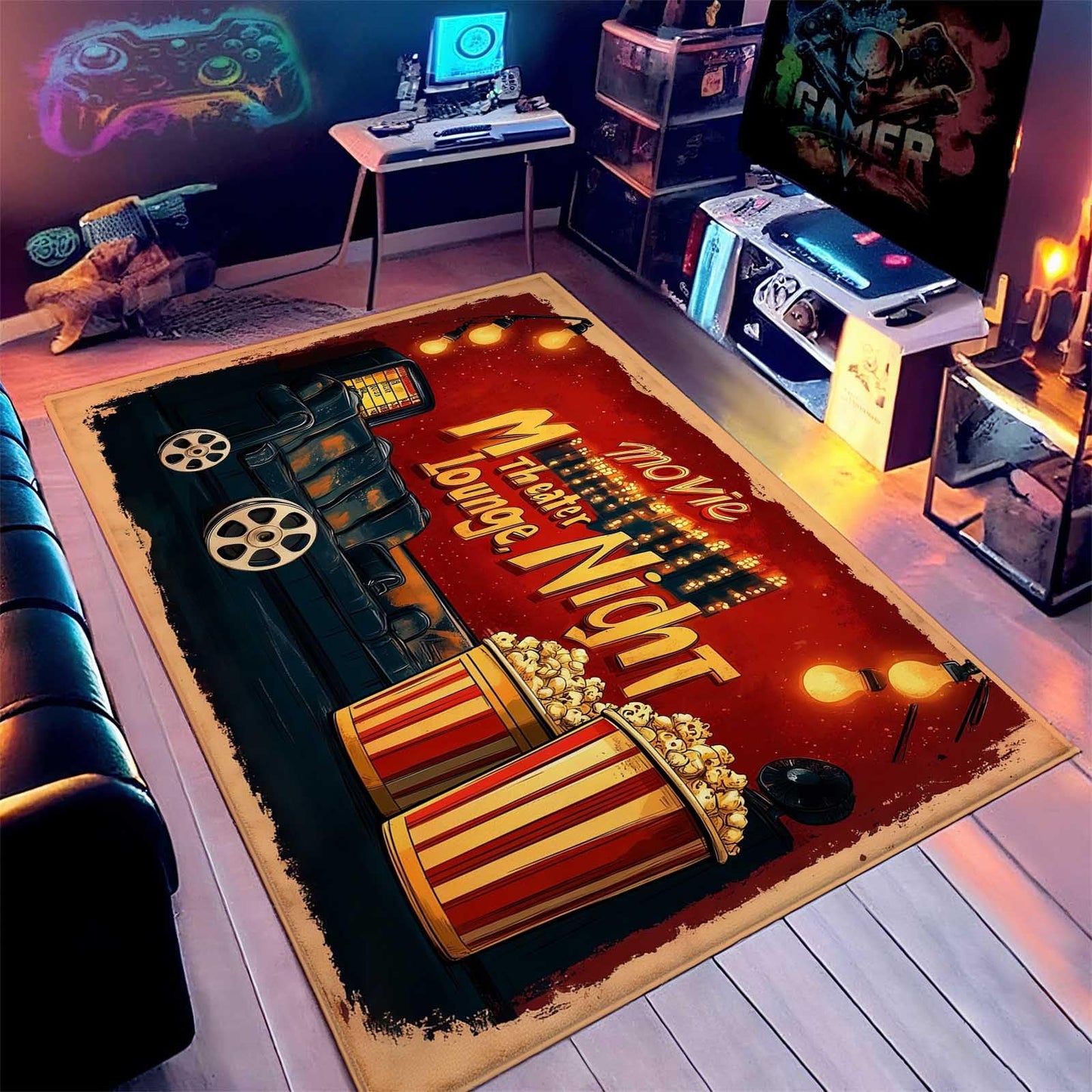 aeevho 4x6 Movie Area Rug, Movie Night Home Theater Floor Rug, Vintage Movies Theater Rugs, Washable Low Pile Film Rugs for Living Room, Theater Room, Bedroom