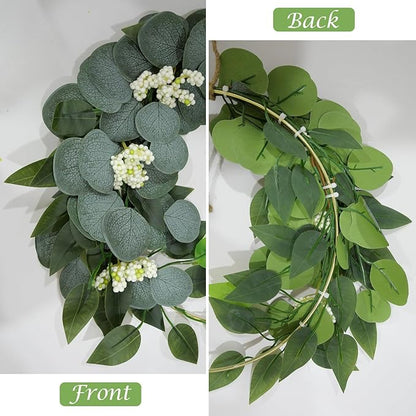 15'' Eucalyptus Wreath for Front Door Artificial Greenery Outdoor Wreath with White Berry Spring Summer Wreaths for Farmhouse Front Porch Window Porch Hanging Wall Party Wedding Decor