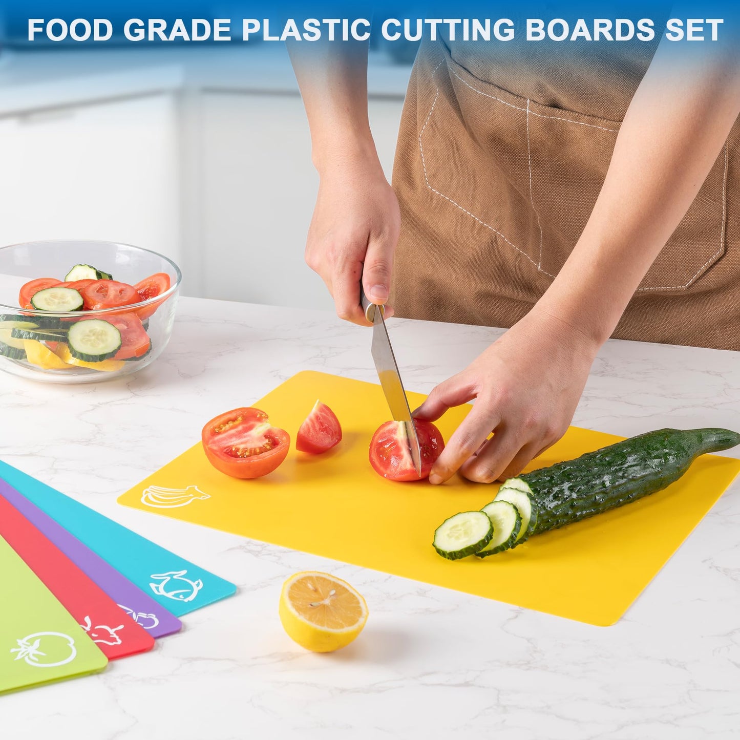 5 Pieces Flexible Plastic Cutting Board Mats with Food Icons, BPA Free Cutting Boards for Kitchen, Non Slip Cutting Mat for Meat and Vegetables (Red, Bright Yellow, Light Green, Purple, Lake Blue)