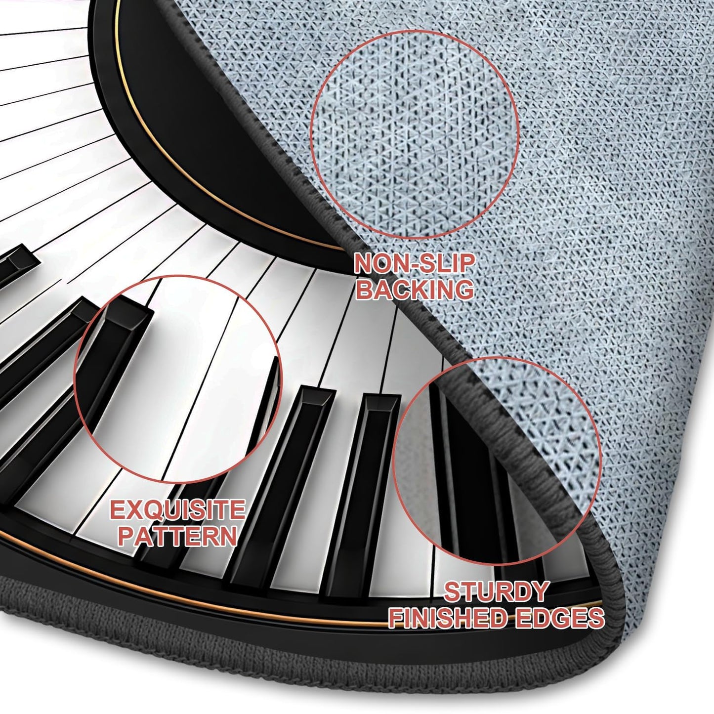 Round Area Rug 4ft – Piano Keyboard Round Rug, Washable Circular Floor Carpet for Living Room, Bedroom, Music Room, Studio, Non Slip Decorative Piano Key Rug