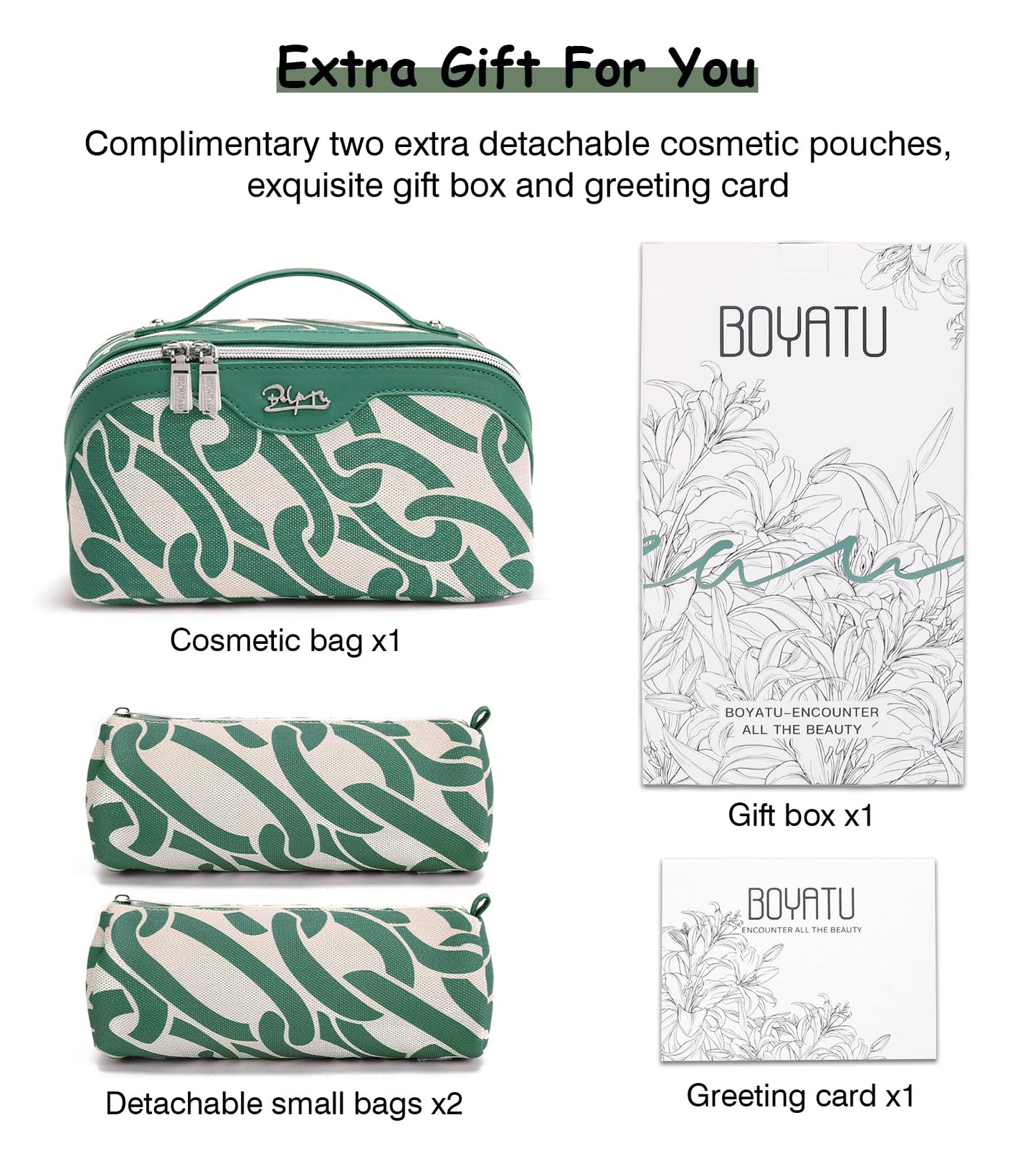 BOYATU Travel Makeup Bag for Women: Large Capacity 3-Piece Cosmetic & Toiletry Organizer - Expands Storage by 50% with 2 Detachable Pouches,Opens Flat for Easy Packing,Waterproof PU Leather(Green)