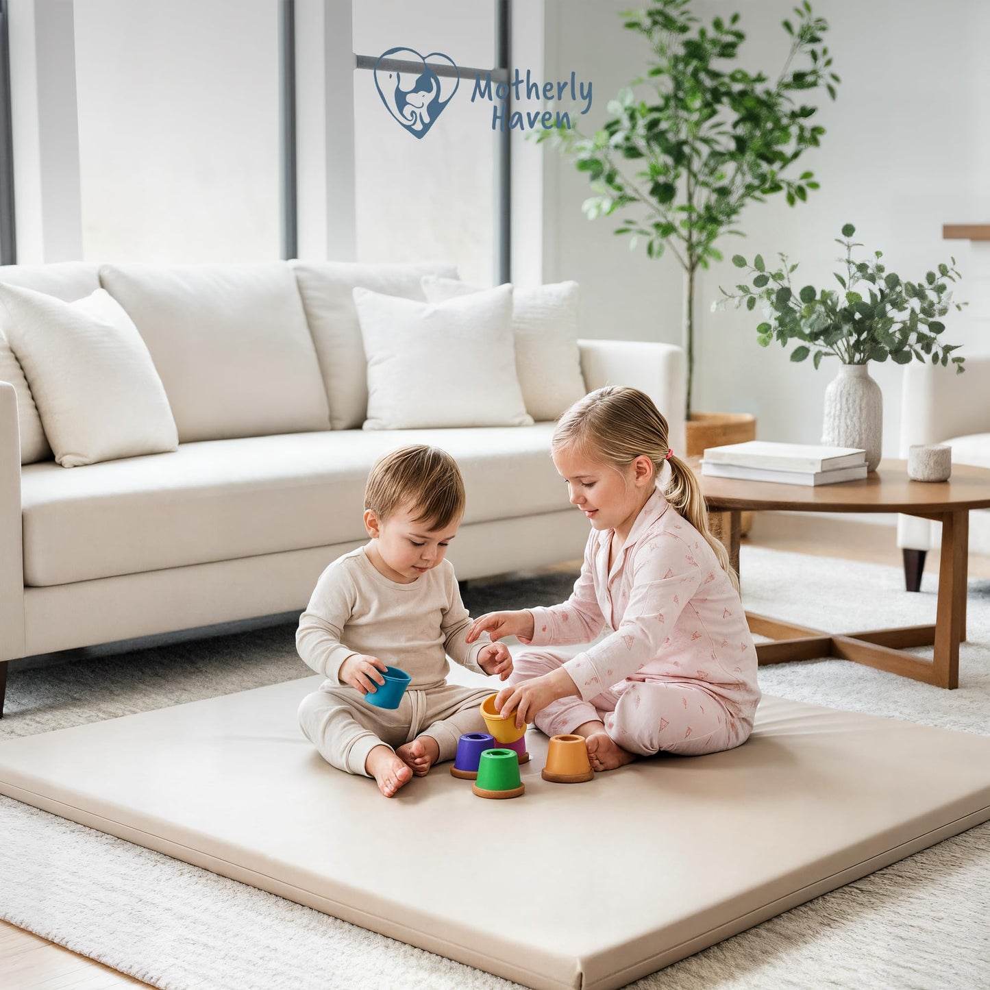 Motherly Haven Thick Baby Play Mat – 50x50x1 Rollable Foam Floor Mat for Babies, Tummy Time, Crawling & Safe Indoor Play – Waterproof, Non-Toxic & Easy to Clean – Beige