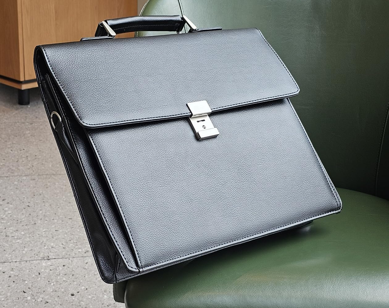 Mens Leather Briefcases Office Attorney Attache Case Ideal Gift Messenger Bag w/Padded Compartment for 15.6" Laptop, Black