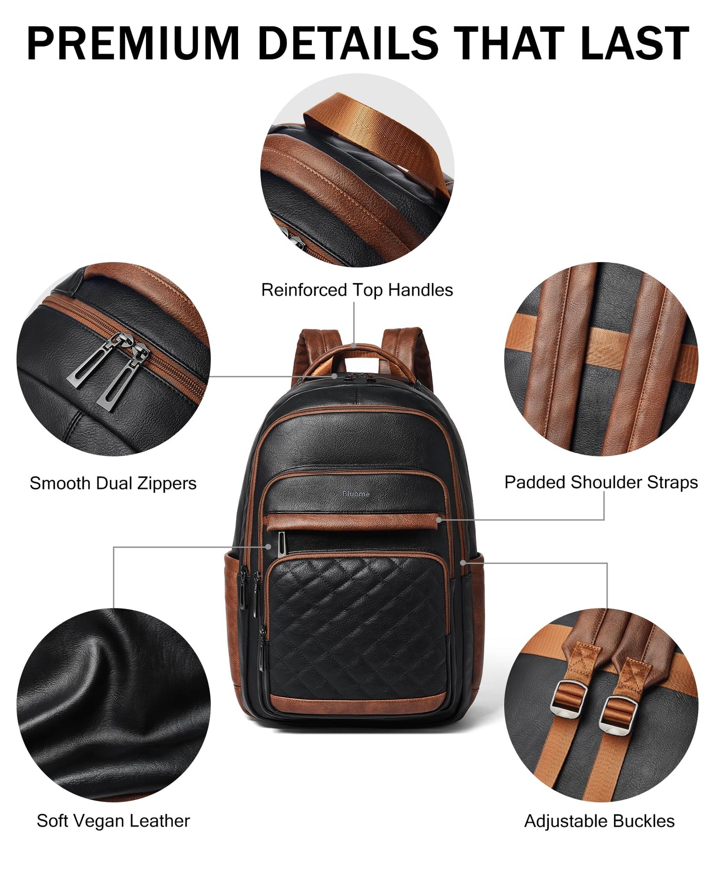 Bluome 43L Work Backpack for Women Men, Laptop Vegan Leather Backpack Purse with 15.6–17 Inch Laptop, Multi-Pocket Bookbag for Office Travel Gym Weekend Overnight Bag, Black&Brown