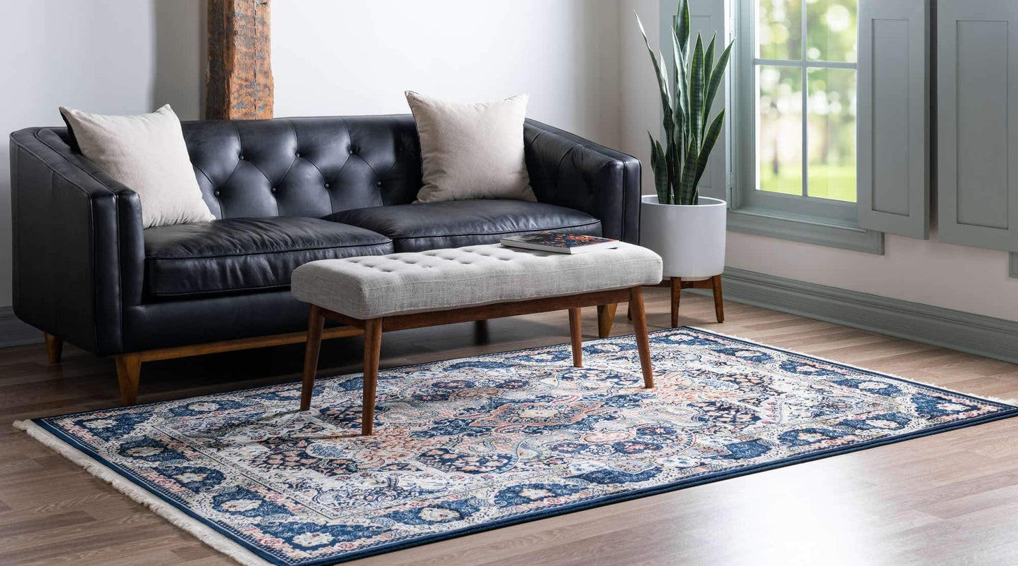 Unique Loom Narenj Collection Classic Traditional Medallion Textured Design Area Rug, 8 x 10 ft, Navy Blue/Tan