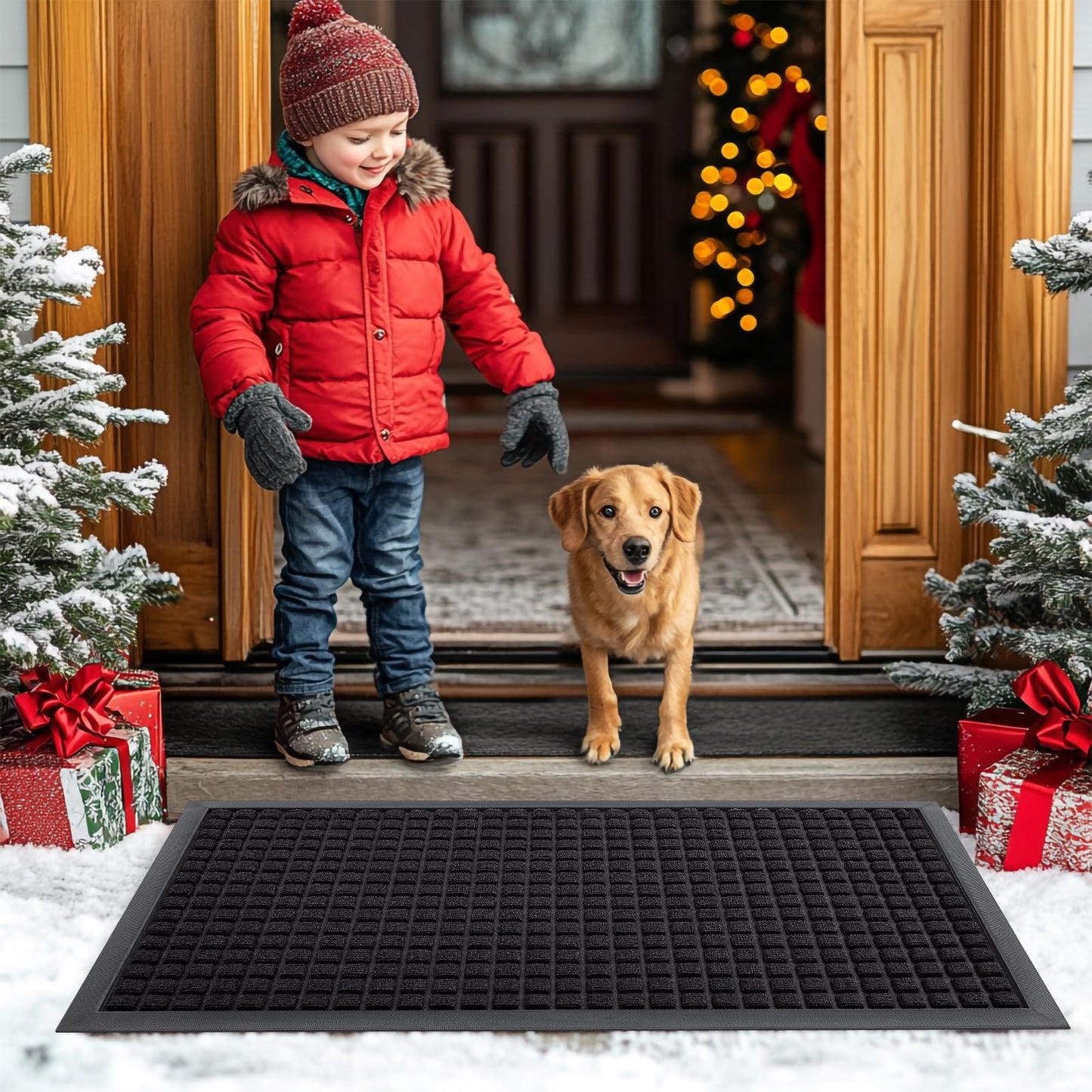 Smiry Front Door Mat Outside Entrance, Heavy Duty Natural Rubber Doormat, Non Slip, Trap Dirt and Moisture, Easy Clean, Low Profile Welcome Floor Mats for Indoor Outdoor Entry, 47x32 Inch, Black