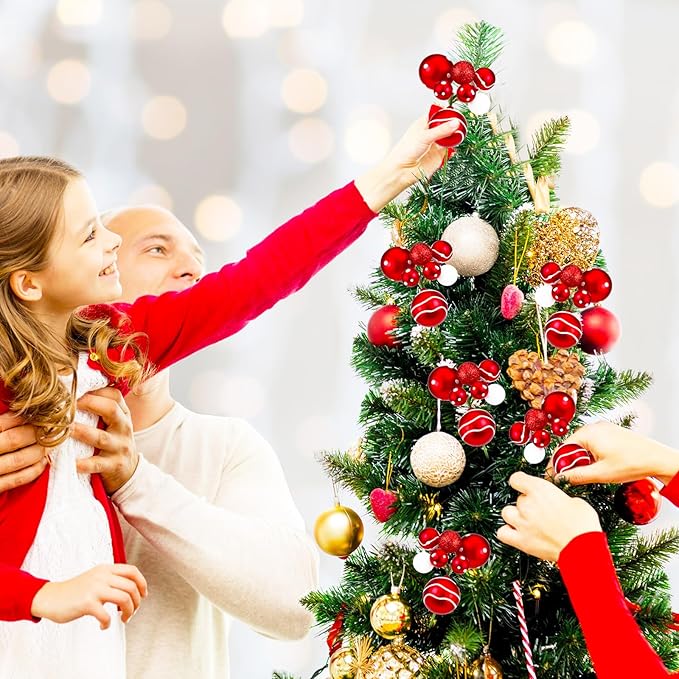 8 Pcs Red and White Christmas Tree Picks 7.87 Inch Christmas Balls Ornaments Xmas Hanging Decorations for Xmas Tree Topper DIY Wreath Holiday Floral Vase Fillers Crafts Home Decor