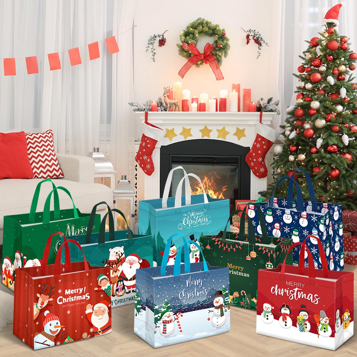 TranquilBliss 16 PCS Christmas Gift Bags, Reusable Holiday Treat Bags with Handles, Christmas Baskets for Gifts Empty, Non-Woven Xmas Party Supplies, 12.8"×9.8"×6.7"