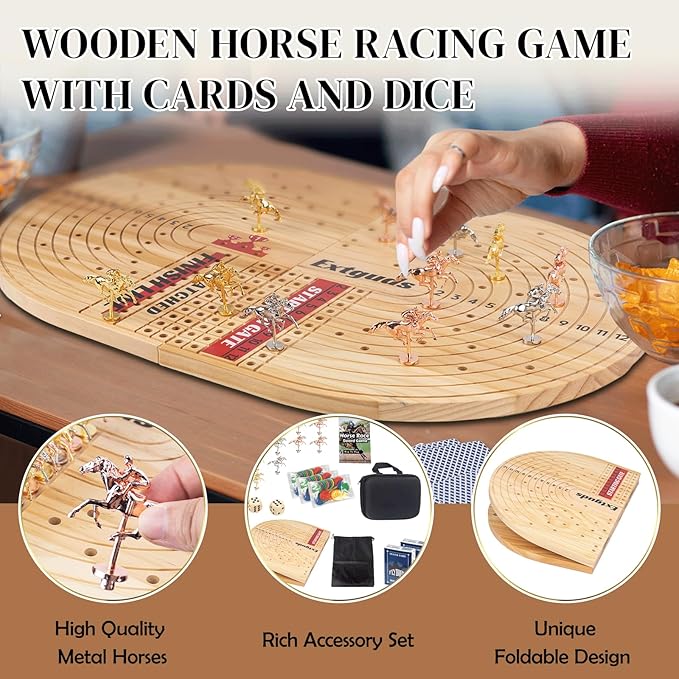 24.8in Wood Horse Race Board GameFoldable Horse Racing GameLarge Sizewith 11 Premium Metal Horses96 Chips2 dice2 Boxes of Playing CardsStorage BoxLarge Storage Bag and Instruction Manual